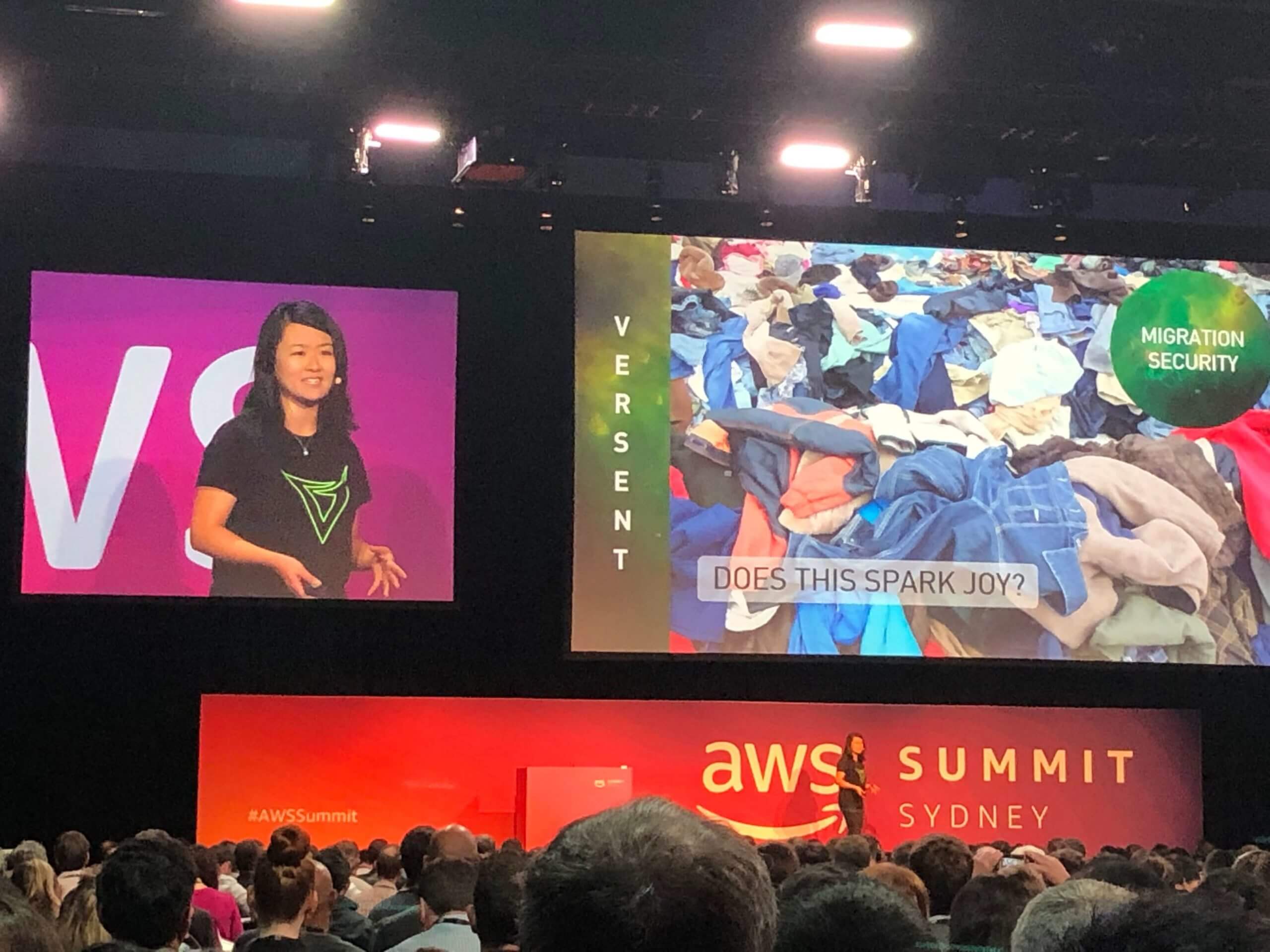 Versent team member Jen on stage talking about Migration Security at AWS Summit in Sydney