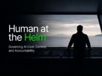 Person standing at a modern control station overlooking the horizon, symbolising human oversight, AI governance, accountability, and technology leadership